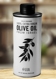 UJA-branded bottle of 100% extra virgin olive oil from Israel, featuring a black olive branch illustration on a white background.