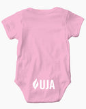 Backside of pink baby onesie with the UJA logo on the bottom printed in white