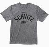 A grey workout T-shirt that says "This is my SCHVITZ Shirt"