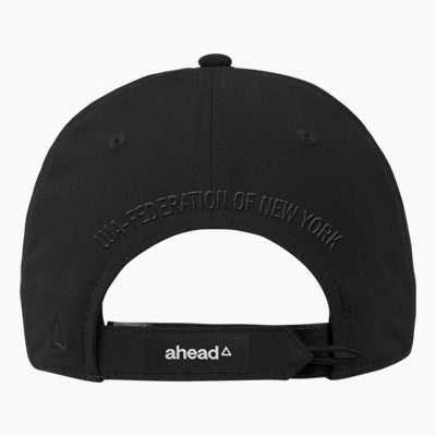 The back of a black baseball cap with the words "UJA-Federation of New York" engraved. 