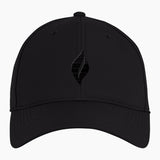 A black baseball cap with the UJA flame logo engraved in black. 