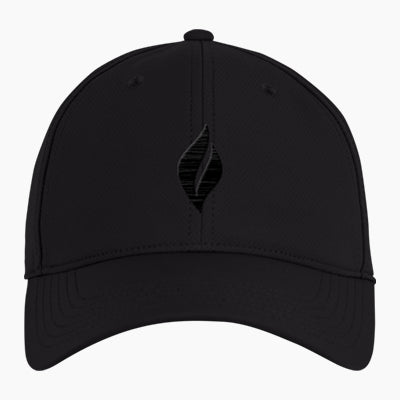 A black baseball cap with the UJA flame logo engraved in black. 
