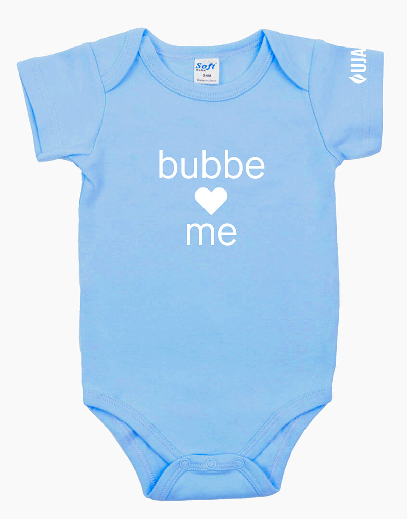 Blue onesie that says "bubbe loves me" in white letters on the front. There is a heart instead of the word love. 