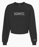 Black crew neck sweatshirt with the word "SHVITZ." printed on the front.