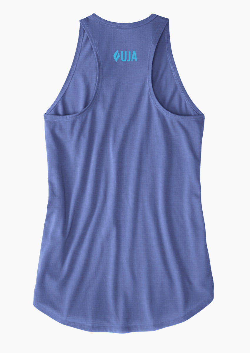 A blue tank top with the UJA logo on the top back. 