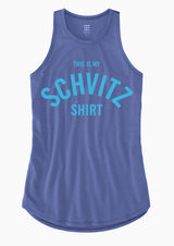 A blue tank top with blue writing that says "This is my SCHVITZ Shirt" 