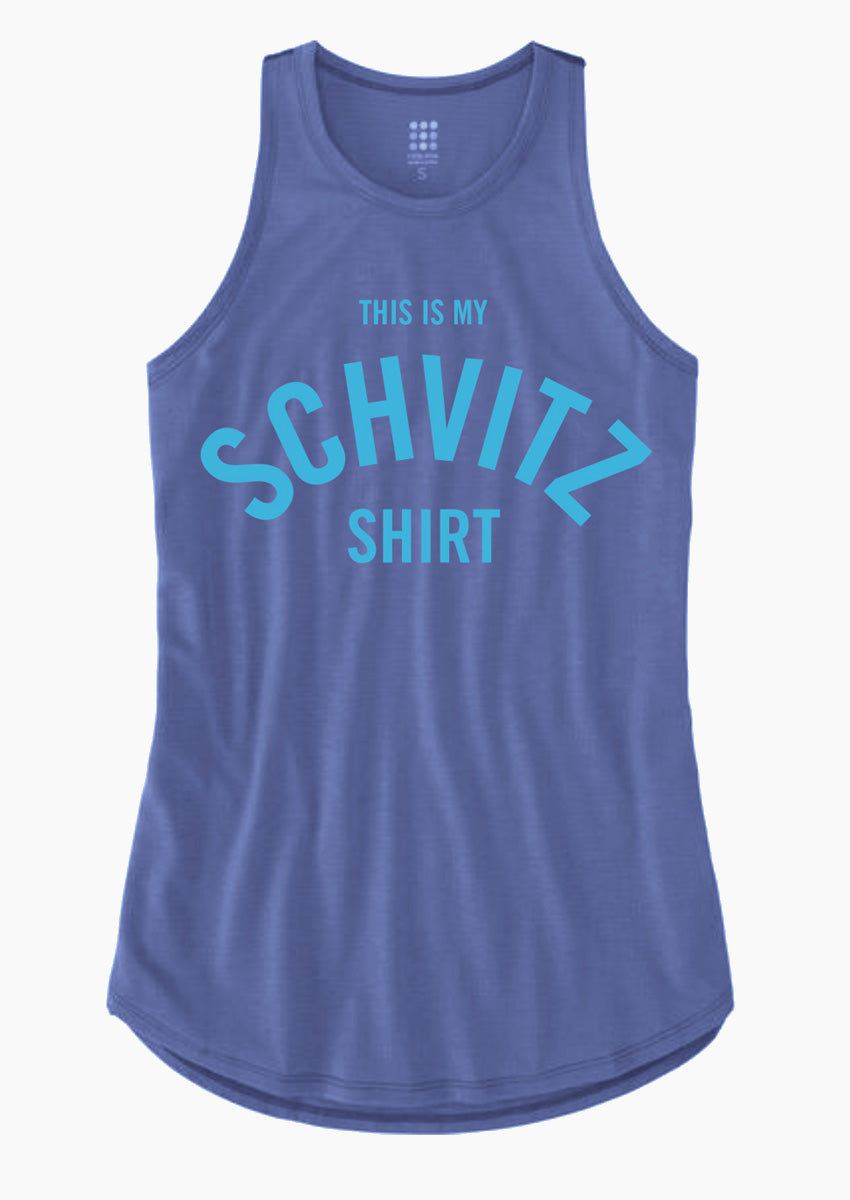 A blue tank top with blue writing that says "This is my SCHVITZ Shirt" 