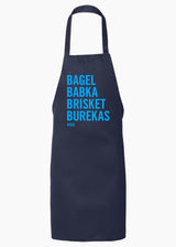 A black apron that says "Bagel, Babka, Brisket, Burekas" in bright blue letters. 