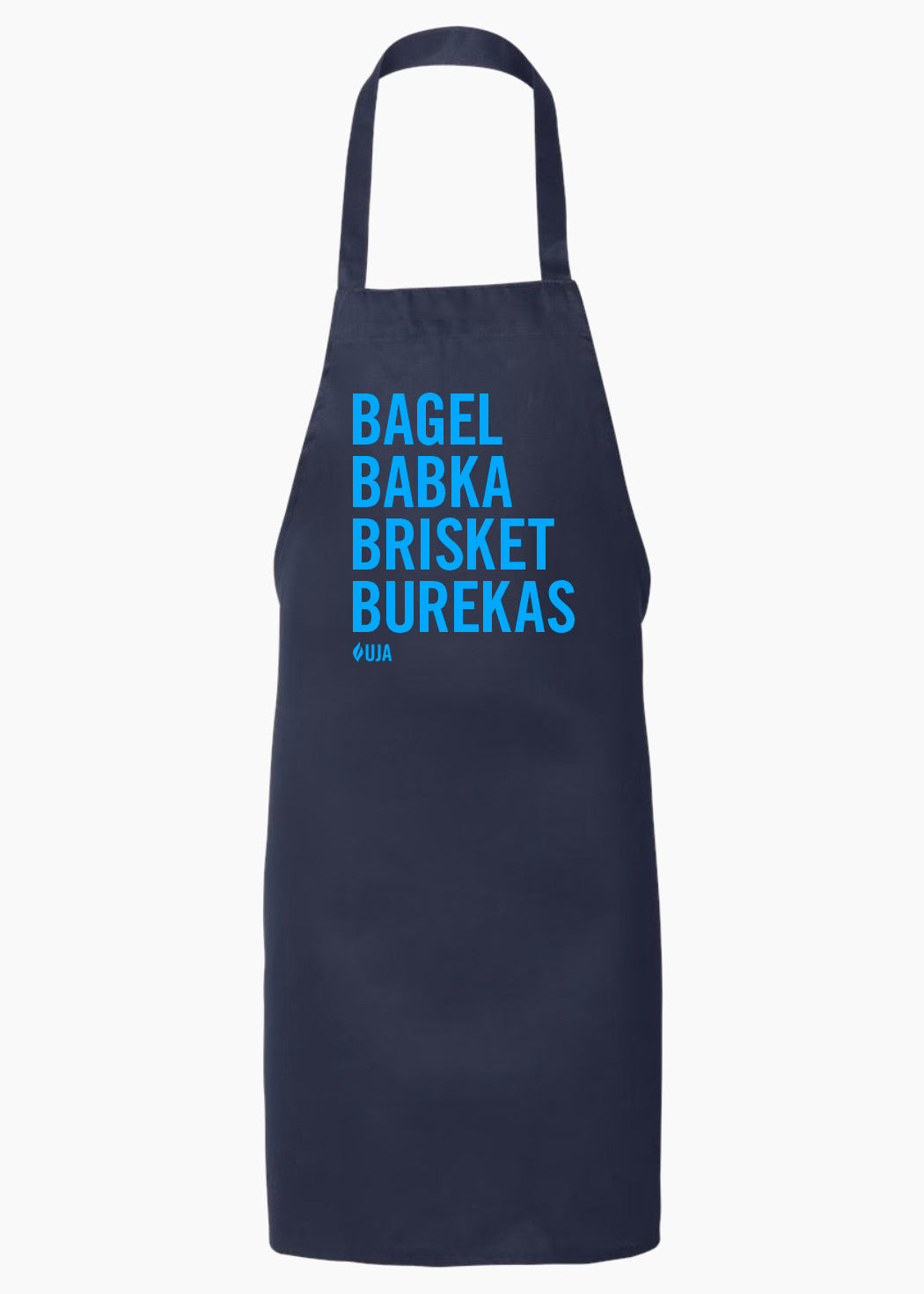 A black apron that says "Bagel, Babka, Brisket, Burekas" in bright blue letters. 