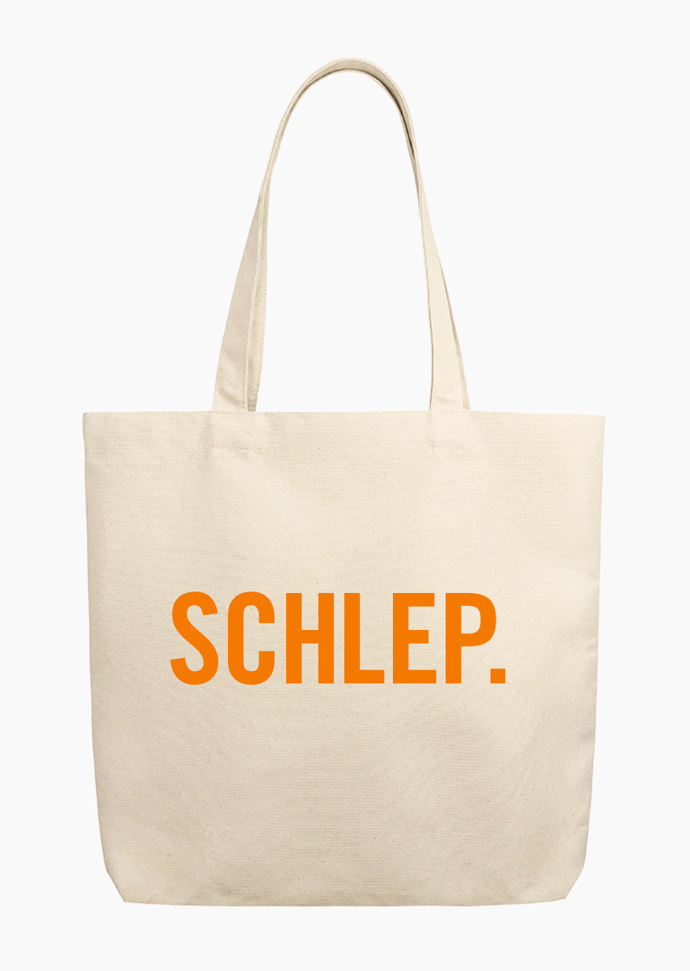A beige tote bag with the word "SCHLEP." written on the front in orange letters. 